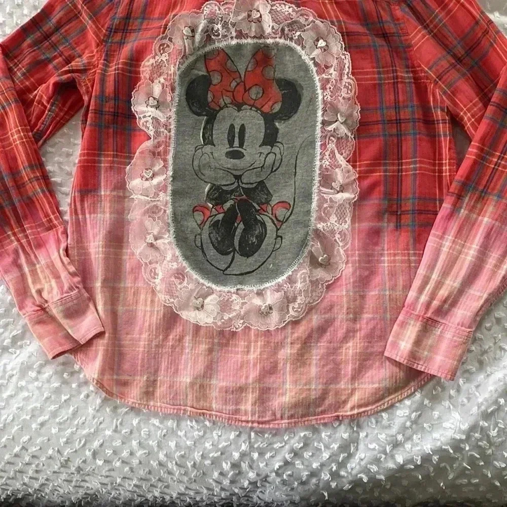 Jcrew Up Cycled Women Handmade Bleach Disney Minnie Mouse Flannel Sz 12 - Picture 4 of 11